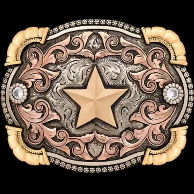 A western belt buckle for men featuring a gold star figure 